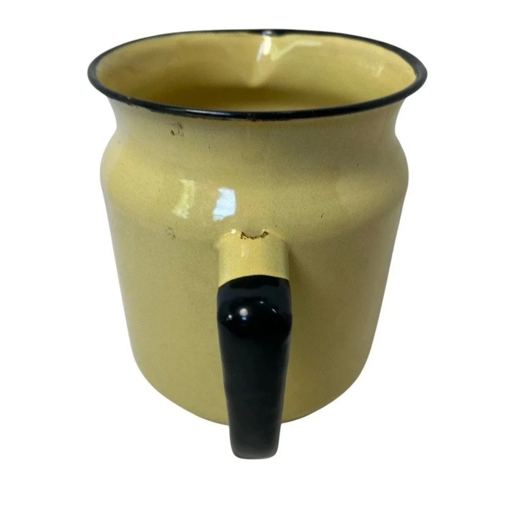 Vtg Enamelware Pitcher Yellow Black Trim Farmhouse Cottagecore Rustic